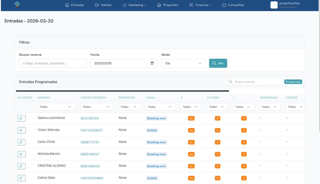 Valentia reservations list with channels and check-in status
